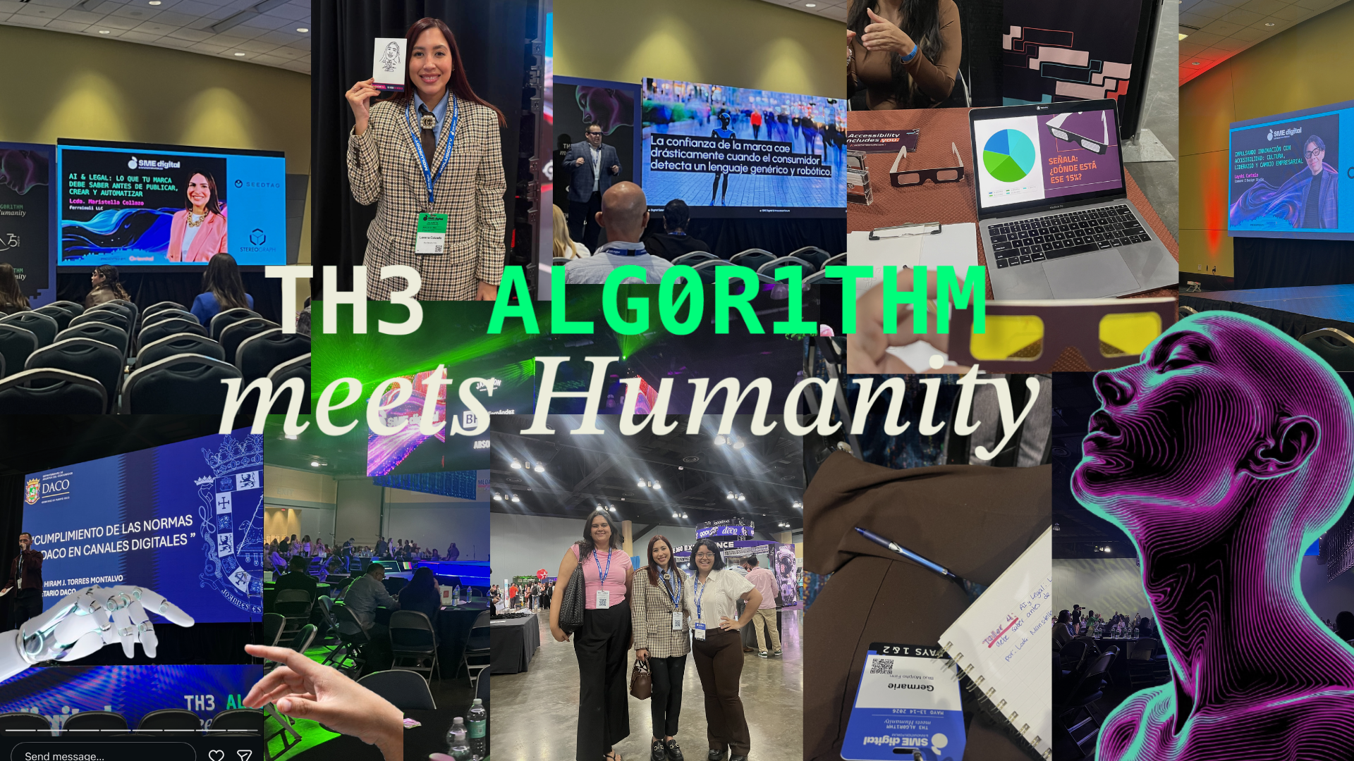 Collage de fotos del evento SME Digital & Innovation Forum 2026 con un texto superpuesto 'the algorithm meets humanity'. Las imágenes muestran presentaciones en escenarios sobre marketing digital